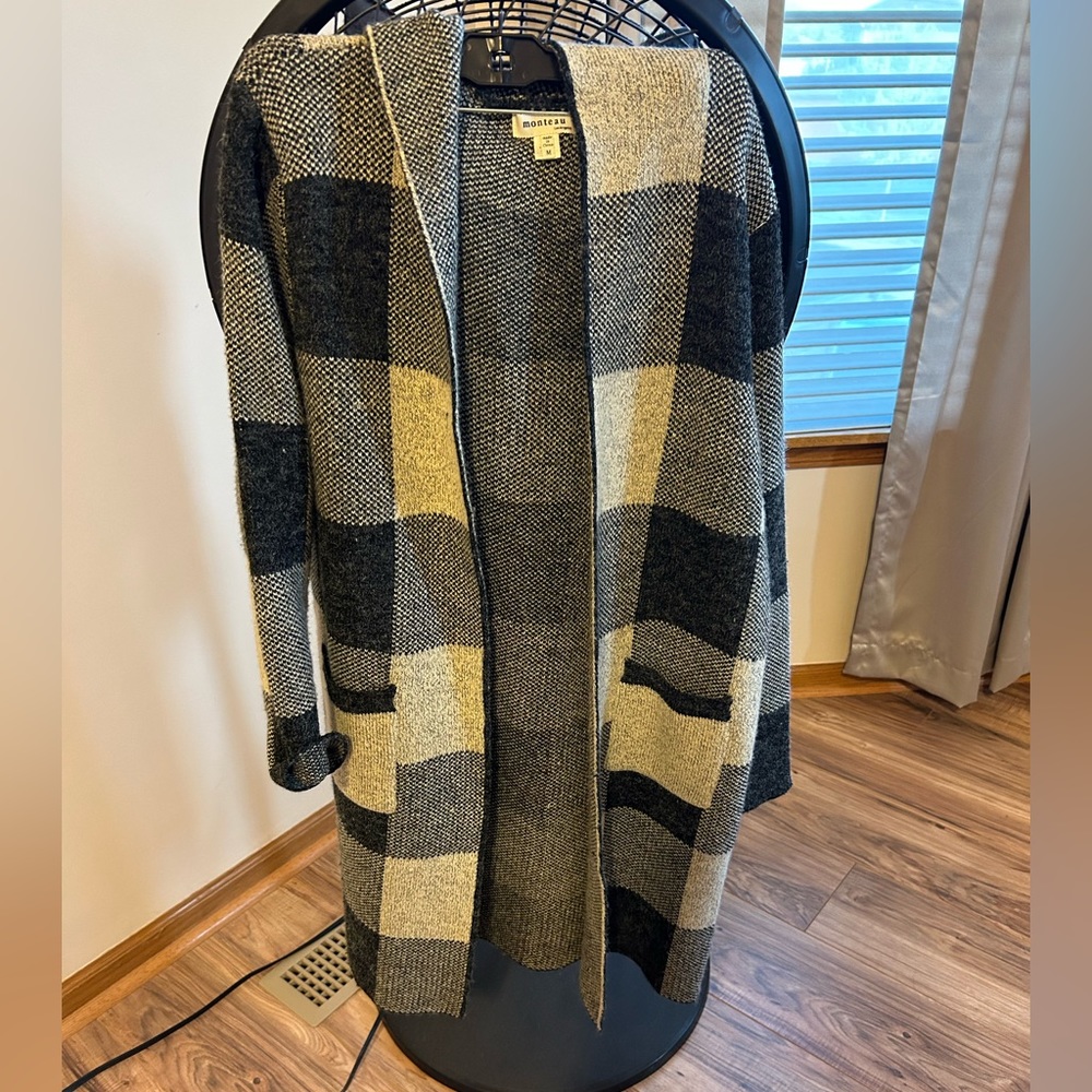 Black and tan long checked sweater size medium